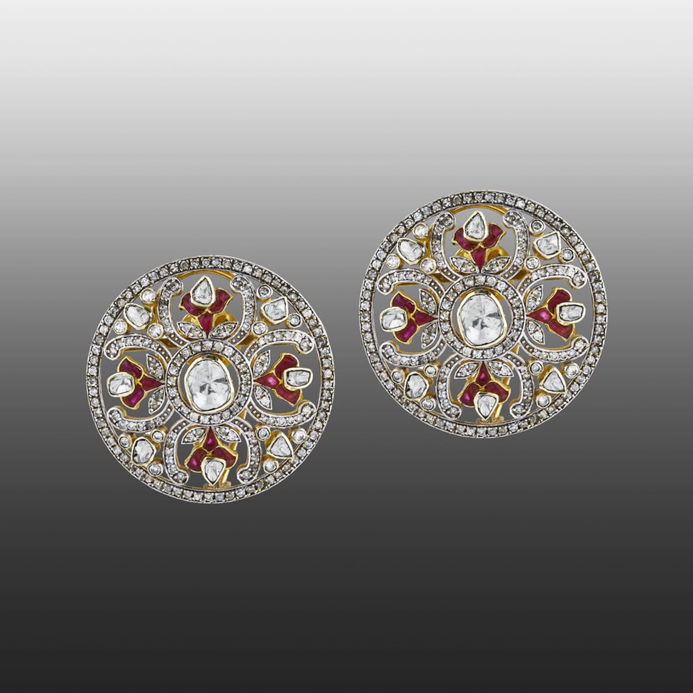 Opulent Circular Earrings with Uncut Diamond and Red Talaf